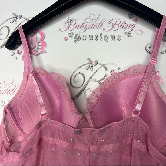 Babydoll sparkly dress pink silver polkadot ribbon bow tie stretchy mesh y2k - Picture 7 of 9